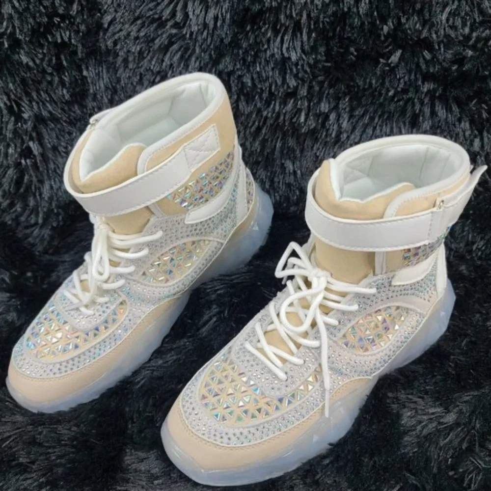 Cape Robbin Cream & Tan Iridescent Rhinestone Beaded Design High Top Sneakers